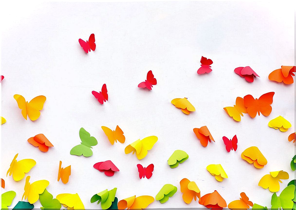 Colored butterflies, one of the children's paper crafts.