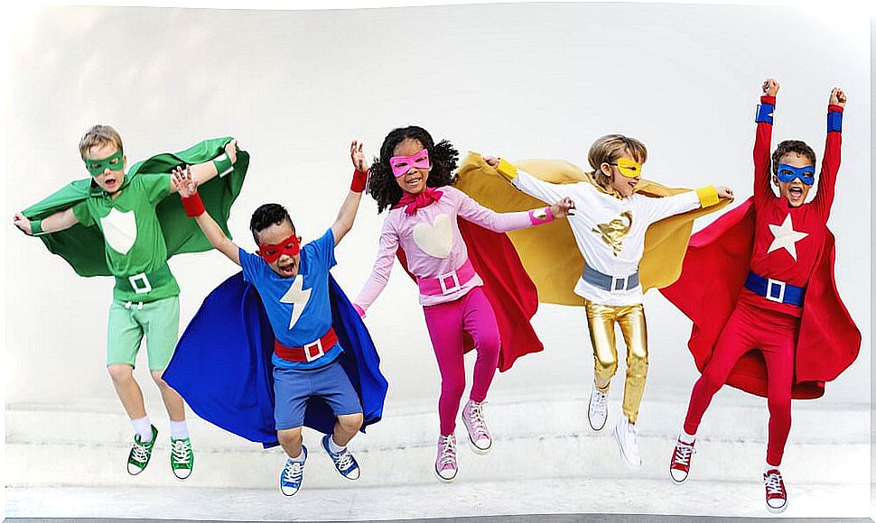 Children dressed as superheroes.