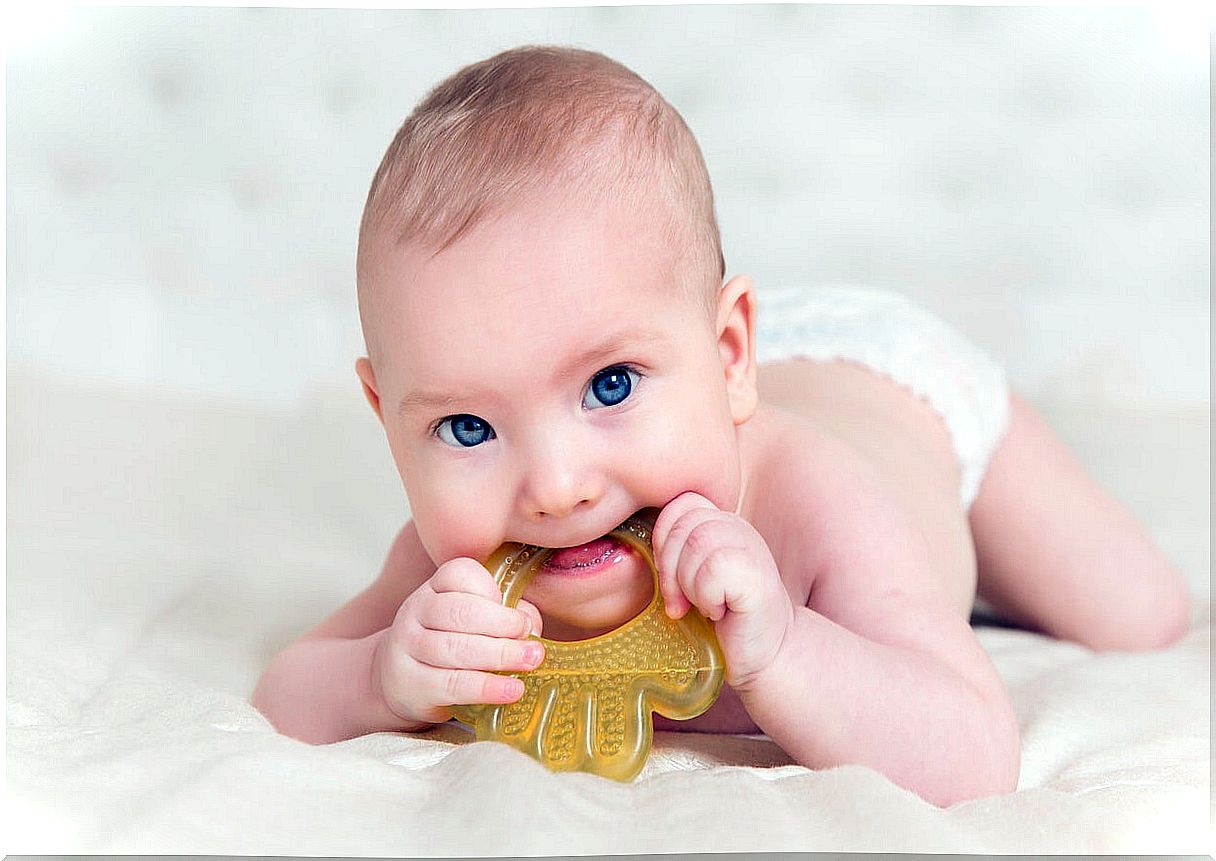 Baby with a teether in his mouth because no teeth have come out.