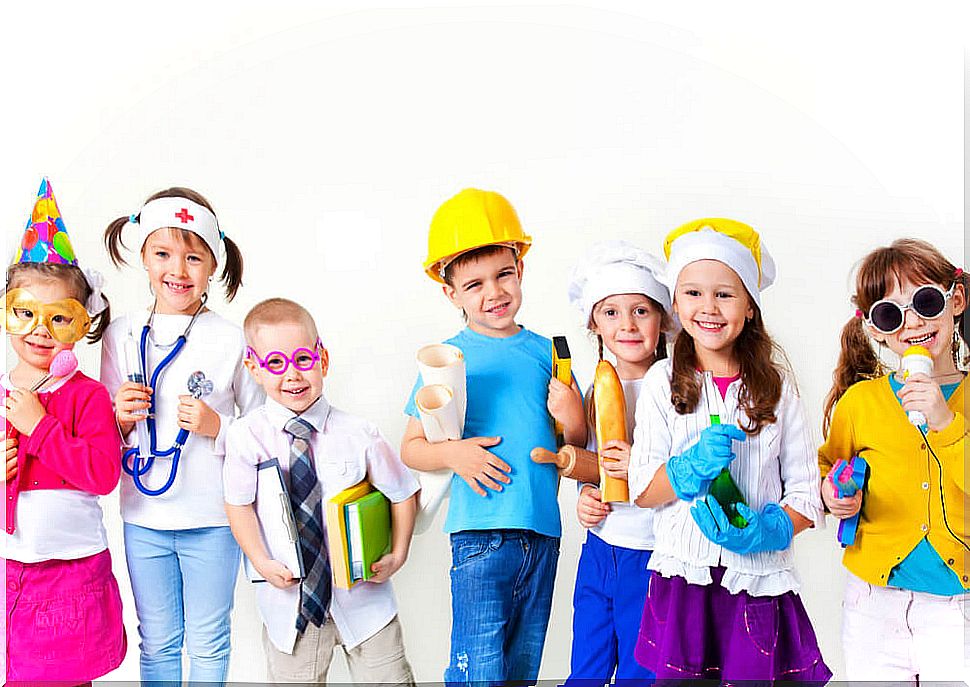 Children dressed up in the uniforms of different professions.