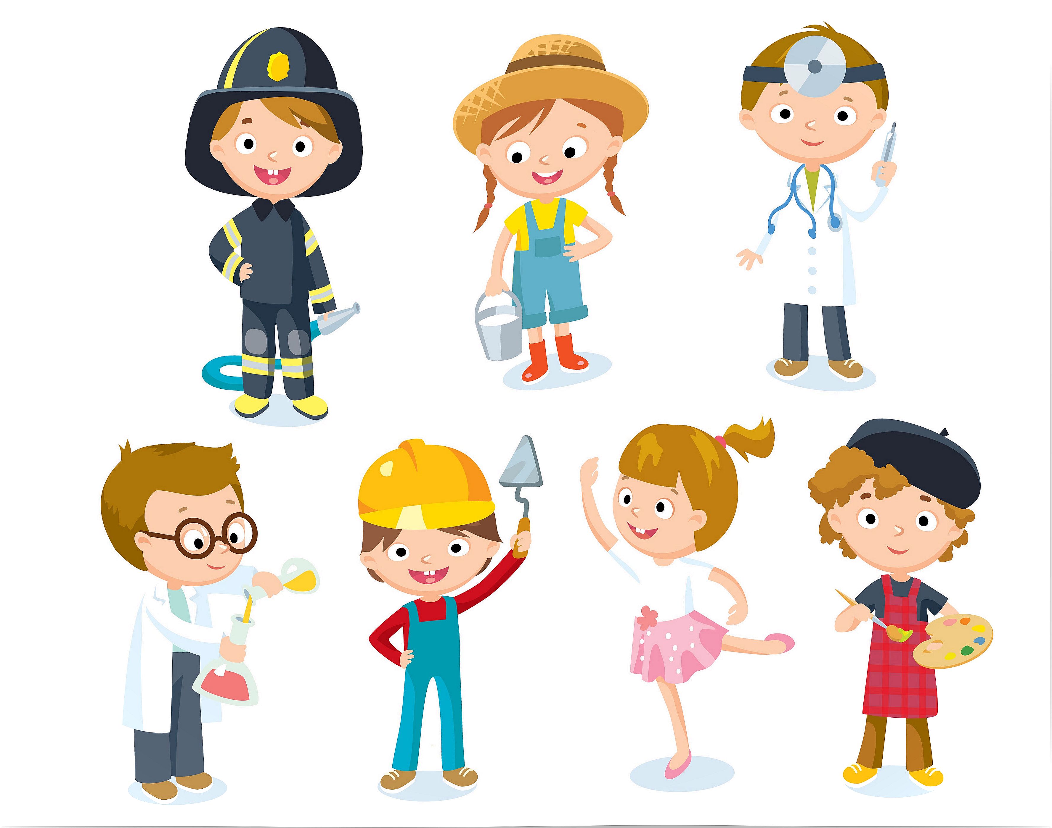 Drawing of children representing the different professions that appear in the book.